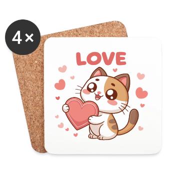 Kawaii Cat Wears Love Heart - Coasters (set of 4) - white - Front