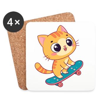 Kawaii-Kätzchen auf Skateboard - Untersetzer (4er-Set) - Weiß - Vorne