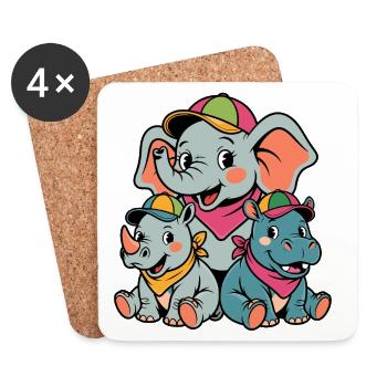 Dessin animé Éléphant, Rhinocéros et Hippopotame mignon - Dessous de verre (lot de 4) - blanc - Devant