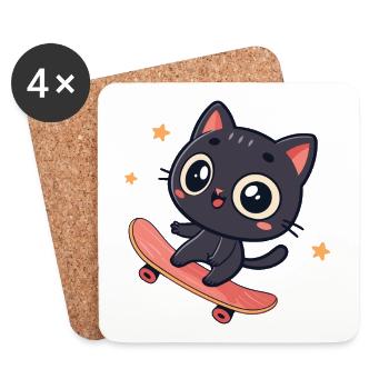 Kawaii-Katze auf Skateboard - Untersetzer (4er-Set) - Weiß - Vorne