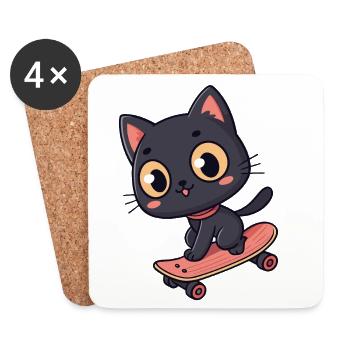 Chat Noir sur Skateboard Cartoon - Dessous de verre (lot de 4) - blanc - Devant