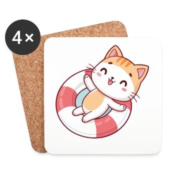 Chat kawaii en bouée estivale - Dessous de verre (lot de 4) - blanc - Devant