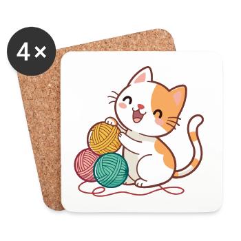 Chaton et Pelotes Colorées - Dessous de verre (lot de 4) - blanc - Devant