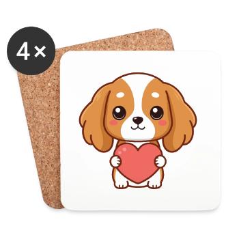 Chiot câlin tenant un cœur rose - Dessous de verre (lot de 4) - blanc - Devant