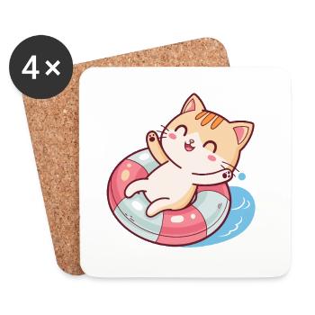 Chat nageur sur bouée de sauvetage - Dessous de verre (lot de 4) - blanc - Devant