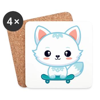 Renard kawaii sur skateboard - Dessous de verre (lot de 4) - blanc - Devant