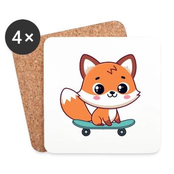 Renard kawaii sur skateboard - Dessous de verre (lot de 4) - blanc - Devant