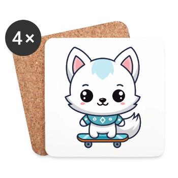 Petit Renard Skateboard Bleu - Dessous de verre (lot de 4) - blanc - Devant