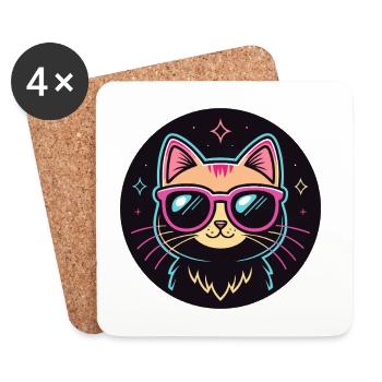 Cat Cartoon Neon Pink Glasses - Coasters (set of 4) - white - Front