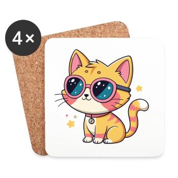 Chat kawaii lunettes rose pastel - Dessous de verre (lot de 4) - blanc - Devant