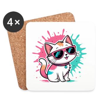 Bunte Katzen-Sonnenbrille - Untersetzer (4er-Set) - Weiß - Vorne