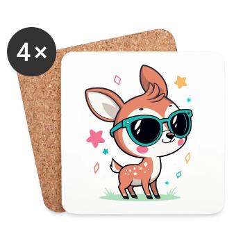 Cute Baby Deer in Turquoise Glasses - Coasters (set of 4) - white - Front