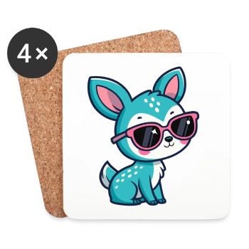 Kawaii Turquoise Doe in Pink Glasses - Coasters (set of 4) - white - Front