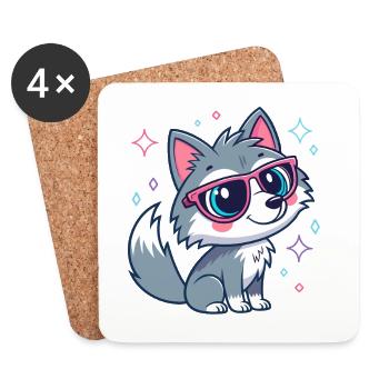 Loup mignon chic aux lunettes roses - Dessous de verre (lot de 4) - blanc - Devant