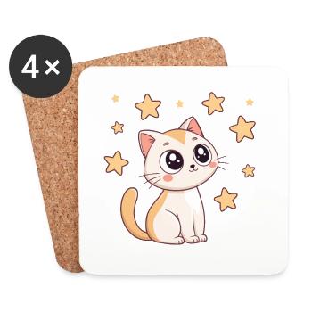 Chat étoilé kawaii - Dessous de verre (lot de 4) - blanc - Devant