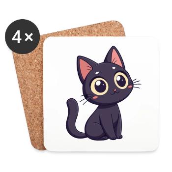 Chat noir kawaii aux yeux énormes - Dessous de verre (lot de 4) - blanc - Devant