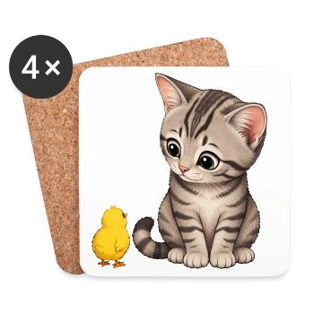 Chaton avec des poussins - Dessous de verre (lot de 4) - blanc - Devant