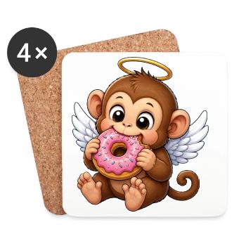 Dessin animé singe singe chimpanzé ange et beignet grignotant - Dessous de verre (lot de 4) - blanc - Devant