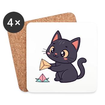 Chat Origami Kawaii et Papier - Dessous de verre (lot de 4) - blanc - Devant