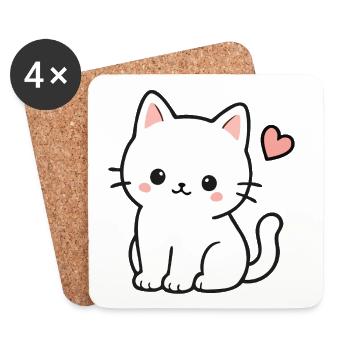 Cute White Kawaii Cat With Heart - Coasters (set of 4) - white - Front
