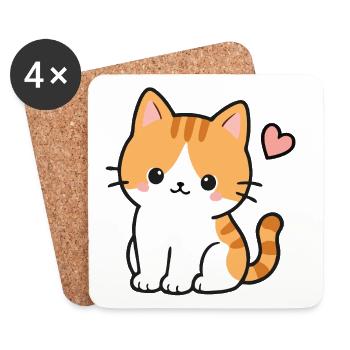 Cute Kawaii Kitten With Pink Heart - Coasters (set of 4) - white - Front