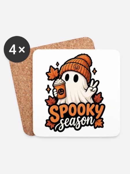 Spooky Season Geist mit Kürbis Mütze - Untersetzer (4er-Set) - Weiß