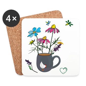 Blumen in einem Becher mit Huhn - Untersetzer (4er-Set) - Weiß - Vorne