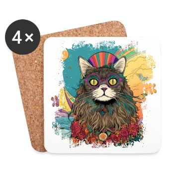 Coole bunte Hippie Hipster Katze mit Brille - Untersetzer (4er-Set) - Weiß - Vorne
