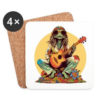 Cooler Hippie Frosch mit Gitarre und Blumen Retro - Untersetzer (4er-Set) - Weiß - Vorne