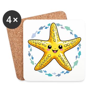 Étoile de mer jaune riante avec de nombreux poissons - Dessous de verre (lot de 4) - blanc - Devant