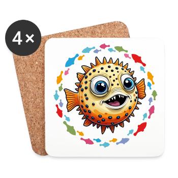 Funny laughing puffer fish and colorful fish - Coasters (set of 4) - white - Front