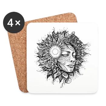 Boho Artwork, Femme avec motif de soleil - Dessous de verre (lot de 4) - blanc - Devant
