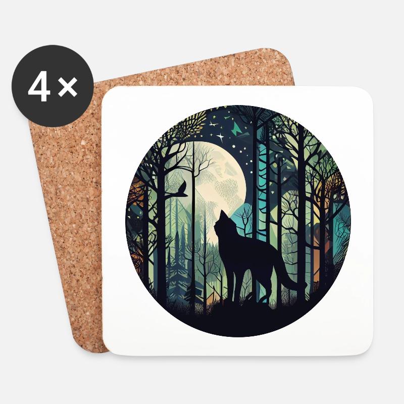 Katze im Wald mit Vollmond, Bäumen - Untersetzer (4er-Set) - Weiß