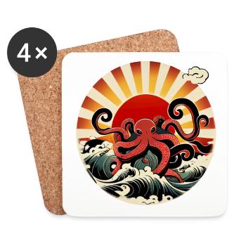Japanische Kunst, Oktopus im Meer mit Wellen Comic - Untersetzer (4er-Set) - Weiß - Vorne