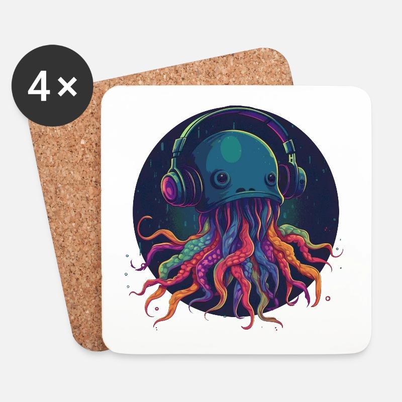 Techno Jellyfish - Coole Qualle mit Kopfhörern - Untersetzer (4er-Set) - Weiß