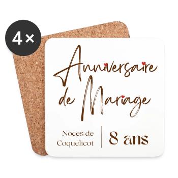 Anniversaire de mariage 8 ans cadeau personnalisé - Dessous de verre (lot de 4) - blanc - Devant