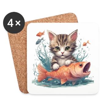 Baby Katze mit Fisch - Untersetzer (4er-Set) - Weiß - Vorne