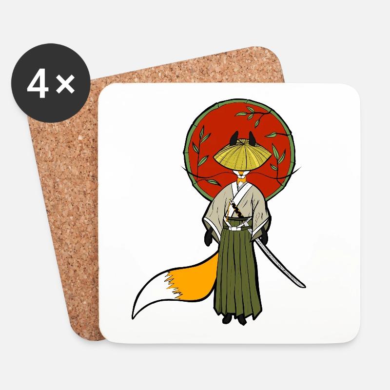 Renard samouraï - Dessous de verre (lot de 4) - blanc