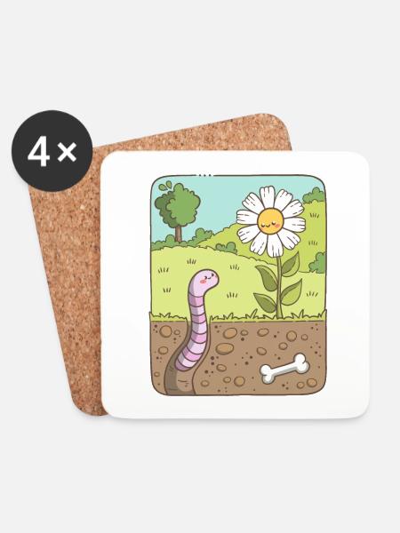 Regenwurm schaut zur Blume - Untersetzer (4er-Set) - Weiß