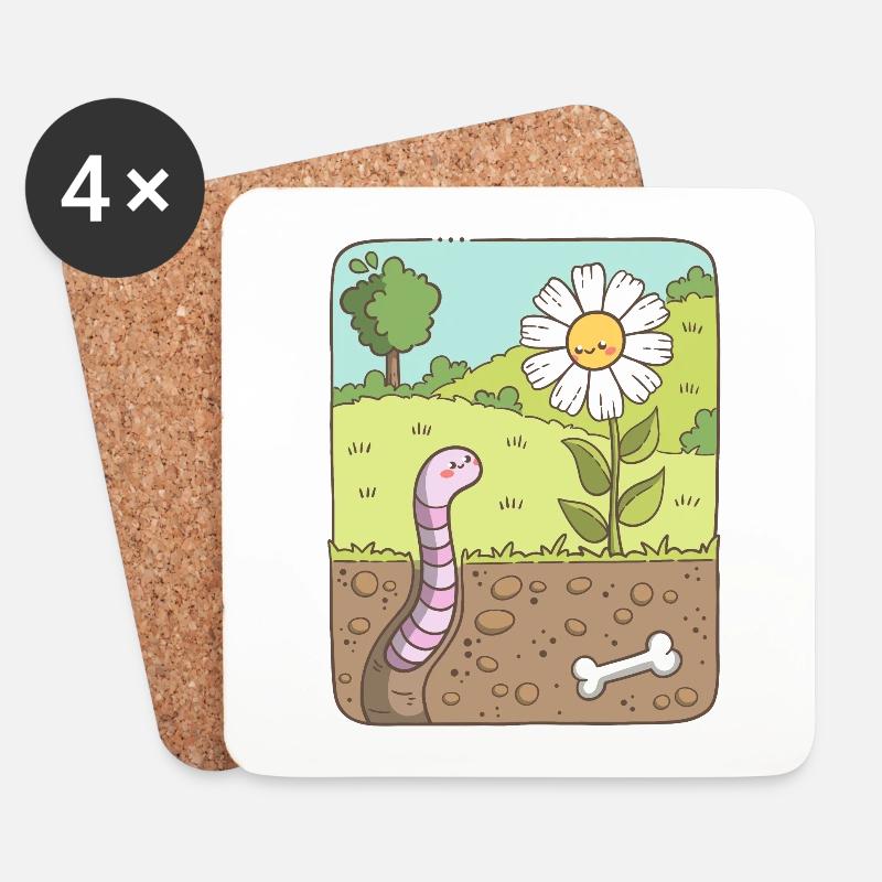Regenwurm schaut zur Blume - Untersetzer (4er-Set) - Weiß