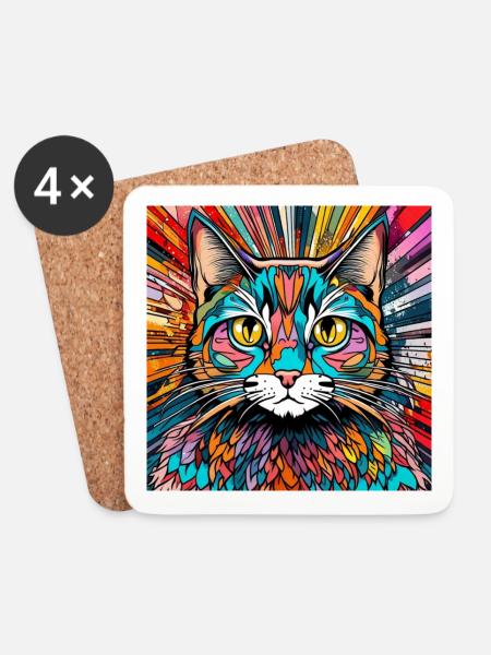 Katzenkopf Katze Kater Bunt - Untersetzer (4er-Set) - Weiß