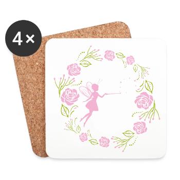 Couronne florale décorative avec des roses roses et une fée - Dessous de verre (lot de 4) - blanc - Devant