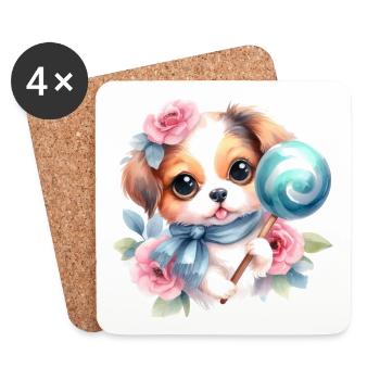 Niedlicher baby Hund mit Blumen und einem Lolli - Untersetzer (4er-Set) - Weiß - Vorne