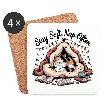 Stay Soft, Nap Often – Kuschelkatze - Untersetzer (4er-Set) - Weiß - Vorne