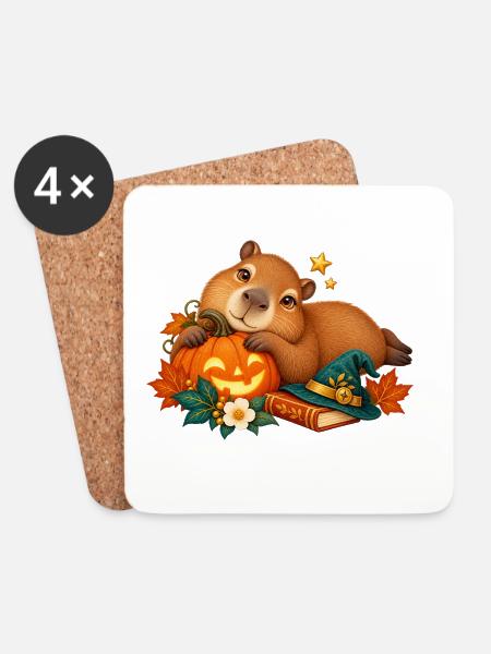Capybara Halloween Kürbis Verspielter Stil - Untersetzer (4er-Set) - Weiß