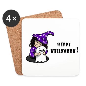 Happy Halloween! (Hexe und Geist) - Untersetzer (4er-Set) - Weiß - Vorne