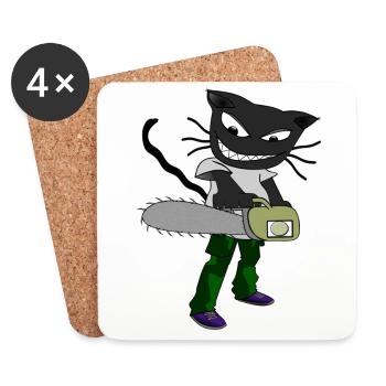 Katze mit Motorsäge - Untersetzer (4er-Set) - Weiß - Vorne