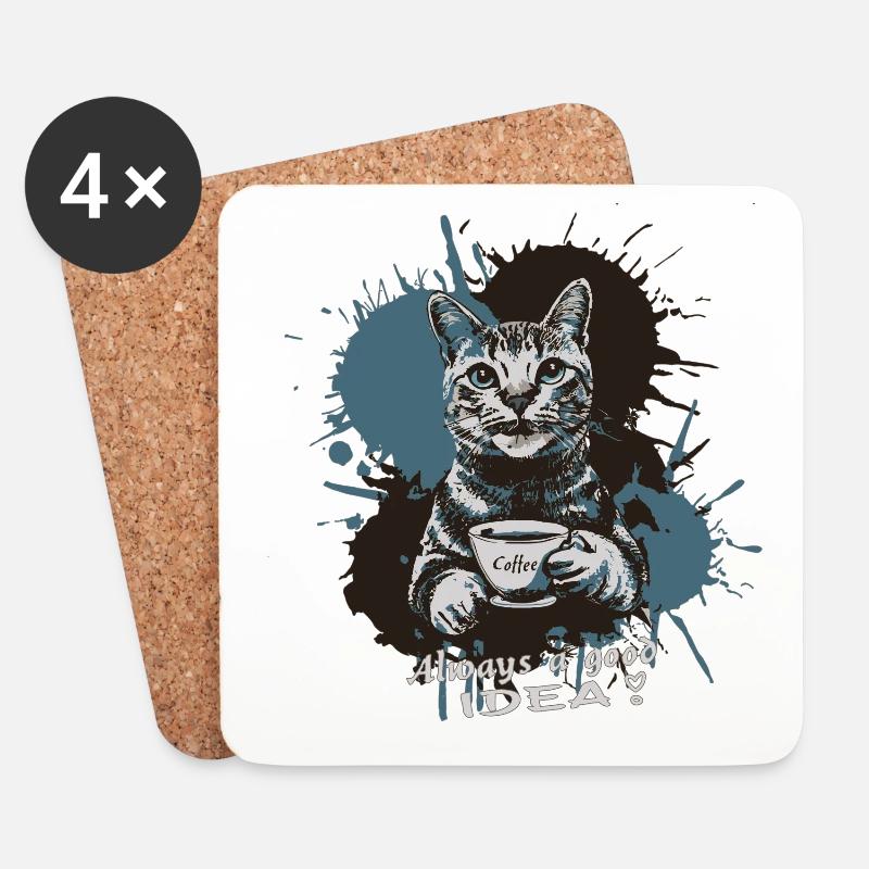 Katze mit Kaffee, Kaffee ist immer eine gute Idee - Untersetzer (4er-Set) - Weiß
