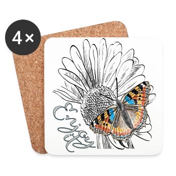 Profitez-en, fleur avec papillon - Dessous de verre (lot de 4) - blanc - Devant