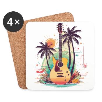 Retro Vintage Guitar with Palm Sunset - Coasters (set of 4) - white - Front